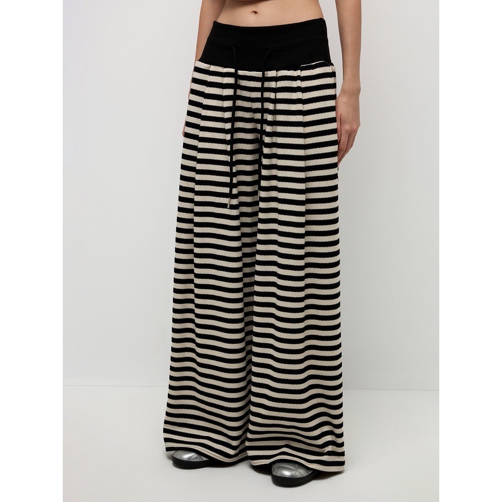 NEW Roller On Ruller Knitted Stripe Wide Leg Pants Black White Elastic Waist